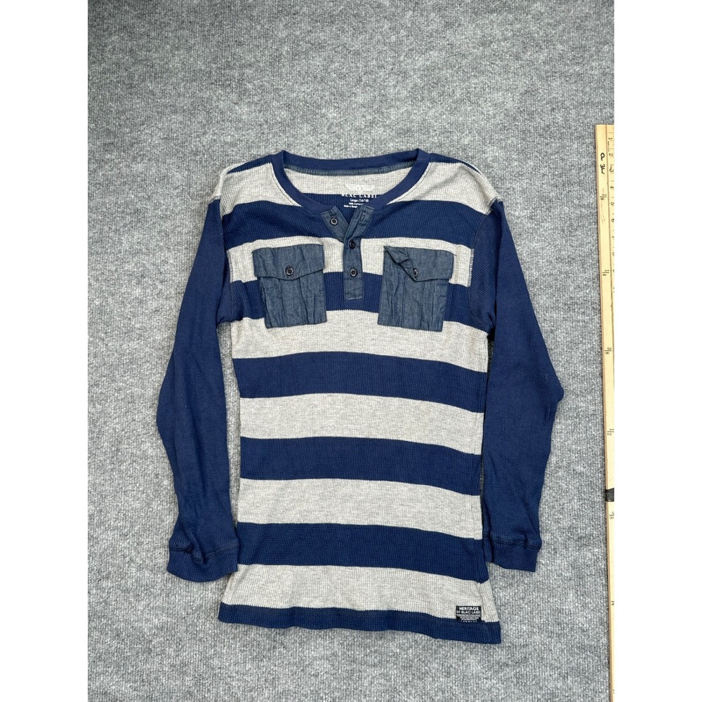 Blac Label Boys Large 16/18 Henley Shirt Blue Grey Striped Waffle Knit Thermal